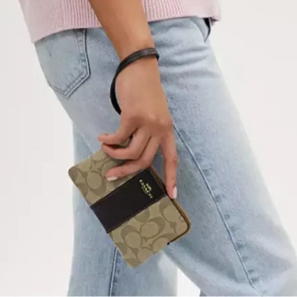 Coach Wristlet Signature Canvas Corner Zip Gold Logo Brown & Tan w/Stripe 58035 - Picture 3 of 12